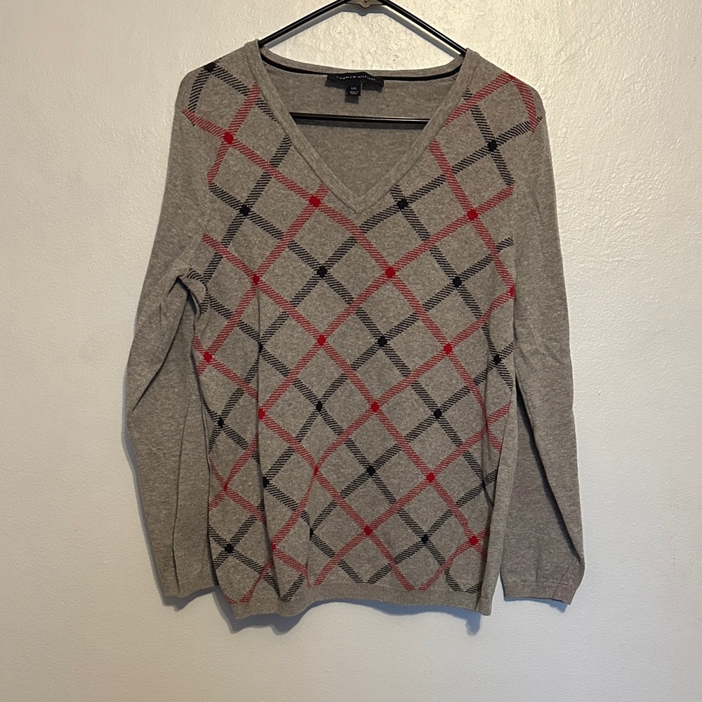 Tommy Hilfiger Gray and Red V-Neck Sweater